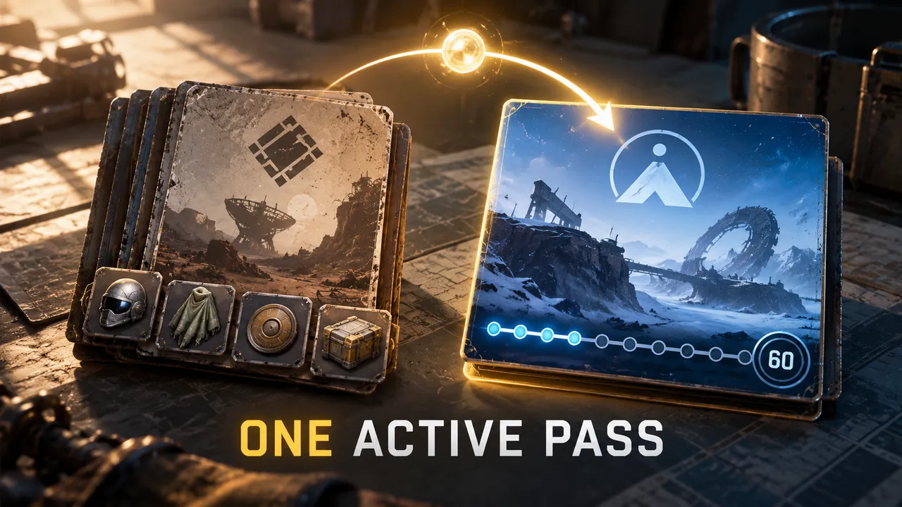 Older reward cards retain their item icons on a stack; a glowing point curves toward a separate blue pass card marked with 60 levels.