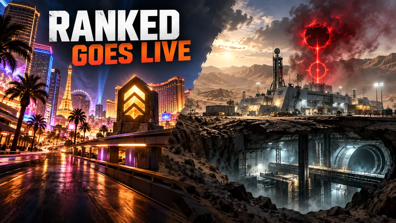The headline RANKED GOES LIVE sits above a neon city and rank chevrons; a red event marker towers above a desert facility with an underground tunnel cutaway.