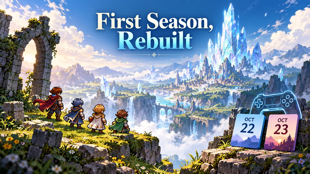 Pixel-art figures cross a layered 2D and 3D landscape beside a calendar card showing the platform-specific launch dates.