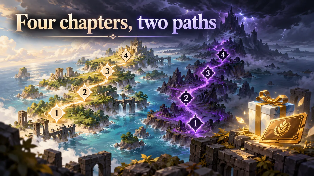 An illustrated island map shows a bright route and a storm-dark route, each marked 1 through 4, with a gift box and pass emblem at right.
