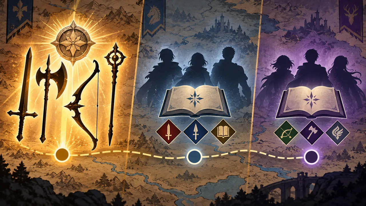 A strategy-game map is split into three DLC waves, with four weapon silhouettes in the first panel and story, allies and class symbols in later panels.