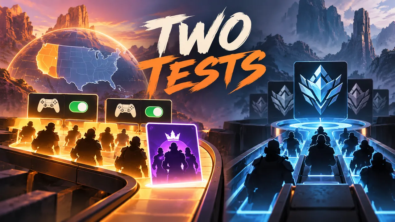 A matchmaking queue branches between a cross-play symbol and a Wildcard card, with a small settings toggle beside the console path.