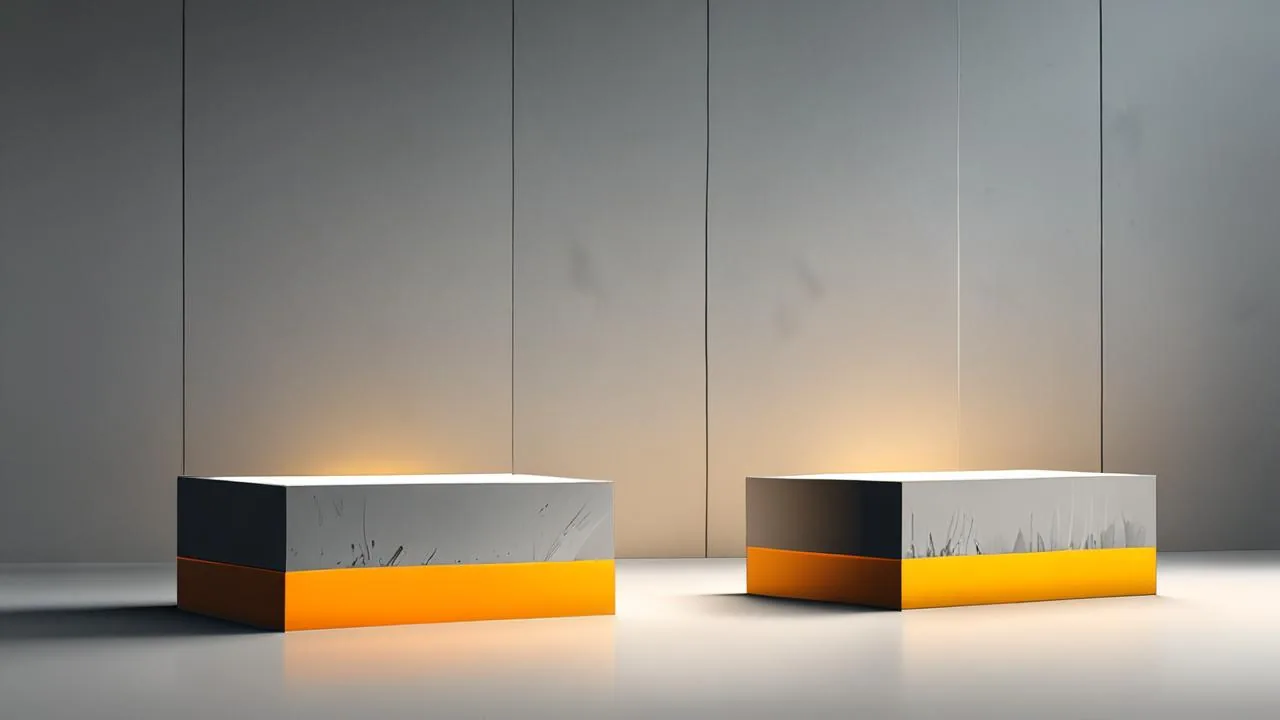 Two low grey plinths with amber lower bands stand side by side on a polished floor in a dim concrete hall, with a warm glow behind them and faint grey streaks on their sides.