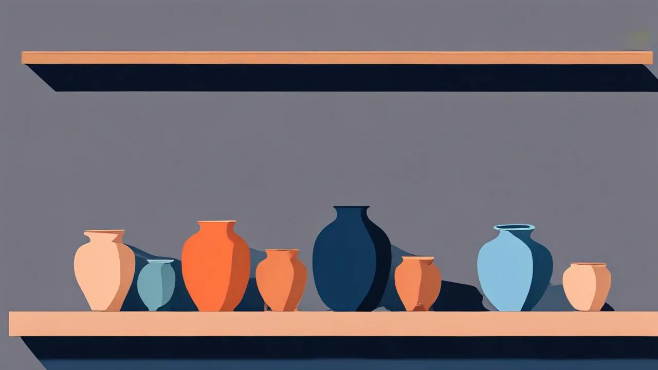 Two pale wooden shelves on a muted grey wall: a row of plain unlabelled vessels in terracotta, pale blue and deep navy stands on the lower shelf while the upper shelf is empty, in a flat vector style with warm orange and cool blue tones.