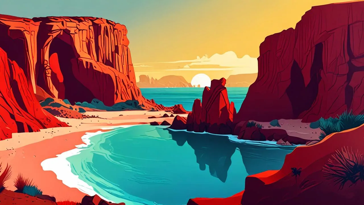 A red sandstone cove at sunset with a tall natural sea arch on the left, turquoise water curving into pale sand, a low rock stack in the bay and cliffs on both sides.