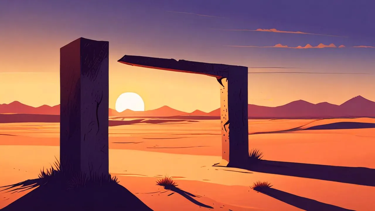 A desert plain at sunset with a tall stone gateway standing open, the low sun visible through the gap, long shadows across orange sand and a line of dark hills behind.