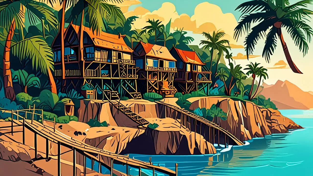 A stylised cliffside village of thatched huts on tall wooden stilts, connected by plank walkways and a wooden rail track above a turquoise bay, with palms and layered hills behind.