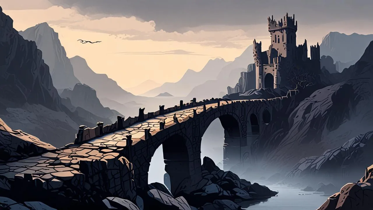 An empty ruined stone bridge with broken battlements crosses a misty gorge at dusk, with a ruined keep on the cliff to the right and grey layered hills behind.