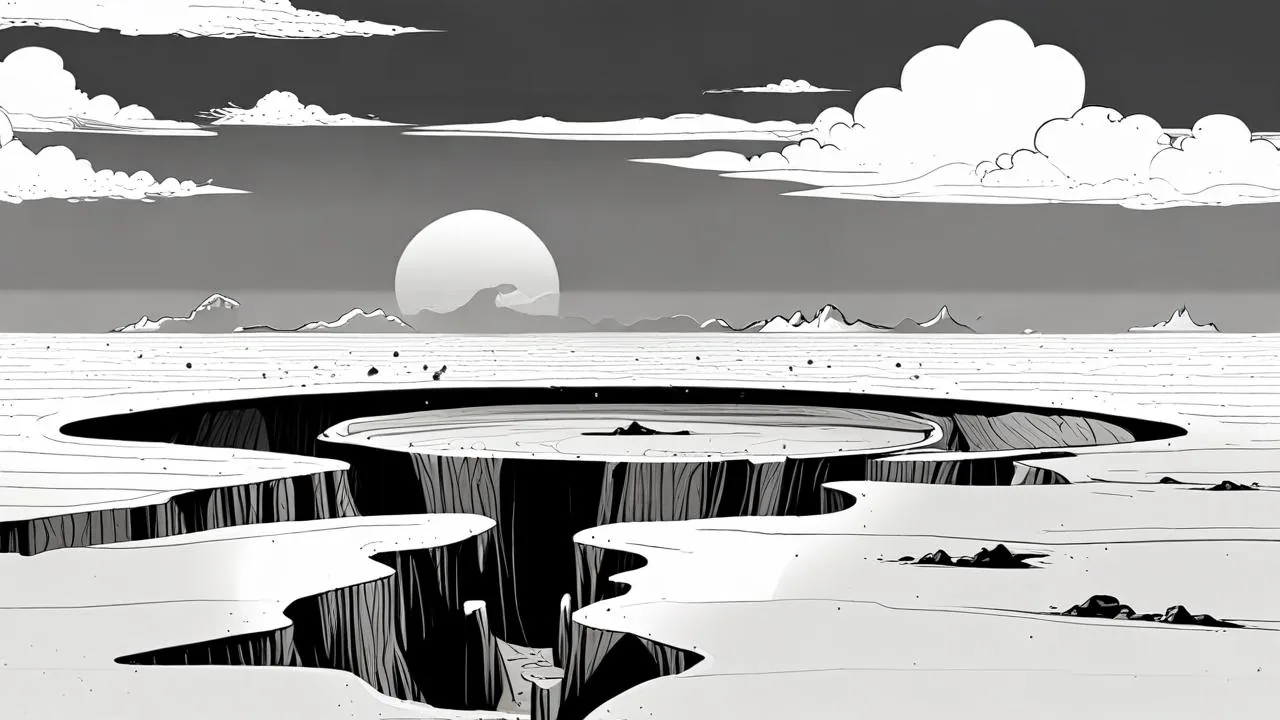 A monochrome ink drawing of a vast crater in a white plain, with thin rock walls around the rim, a pale sun low in a grey sky and flat clouds above.
