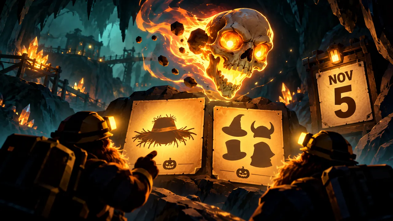A glowing flying skull above a mine tunnel, with separate cards for the Straw Boss assignment and earlier Halloween hats.