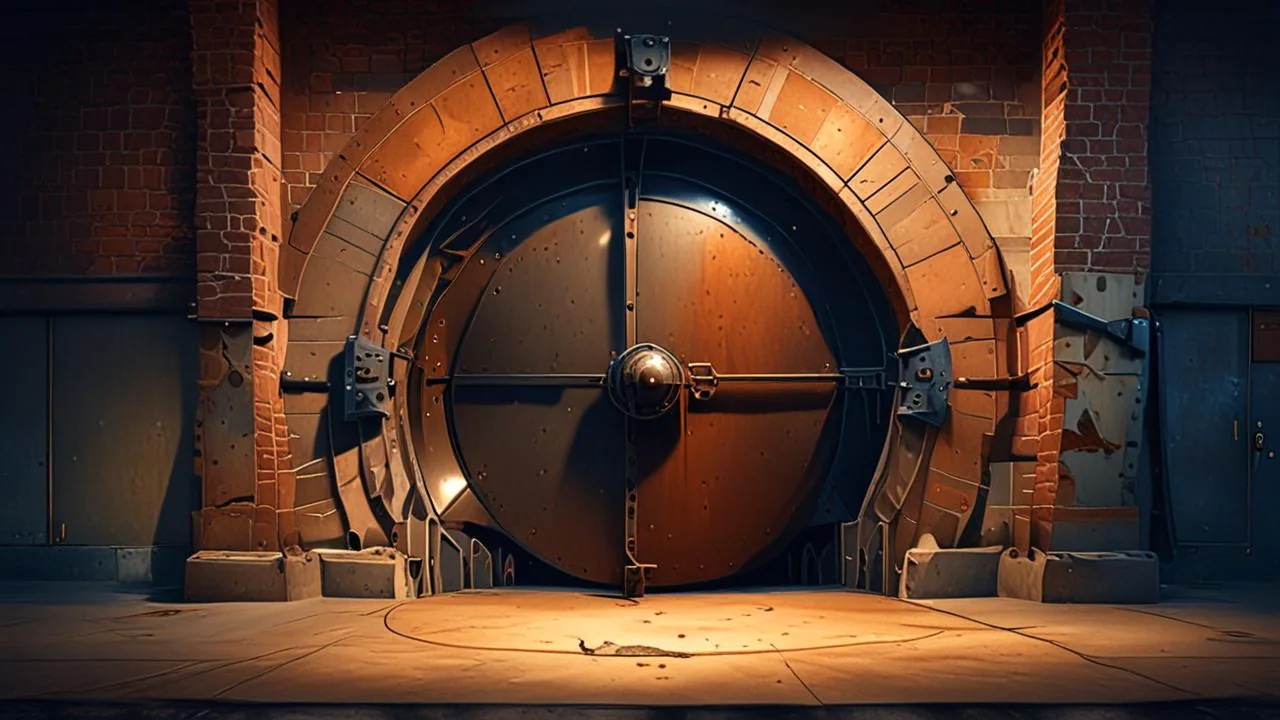 A closed circular vault door of riveted iron plates set inside a red brick arch, with a steel cross-bar across the face and an empty concrete floor in front of it.