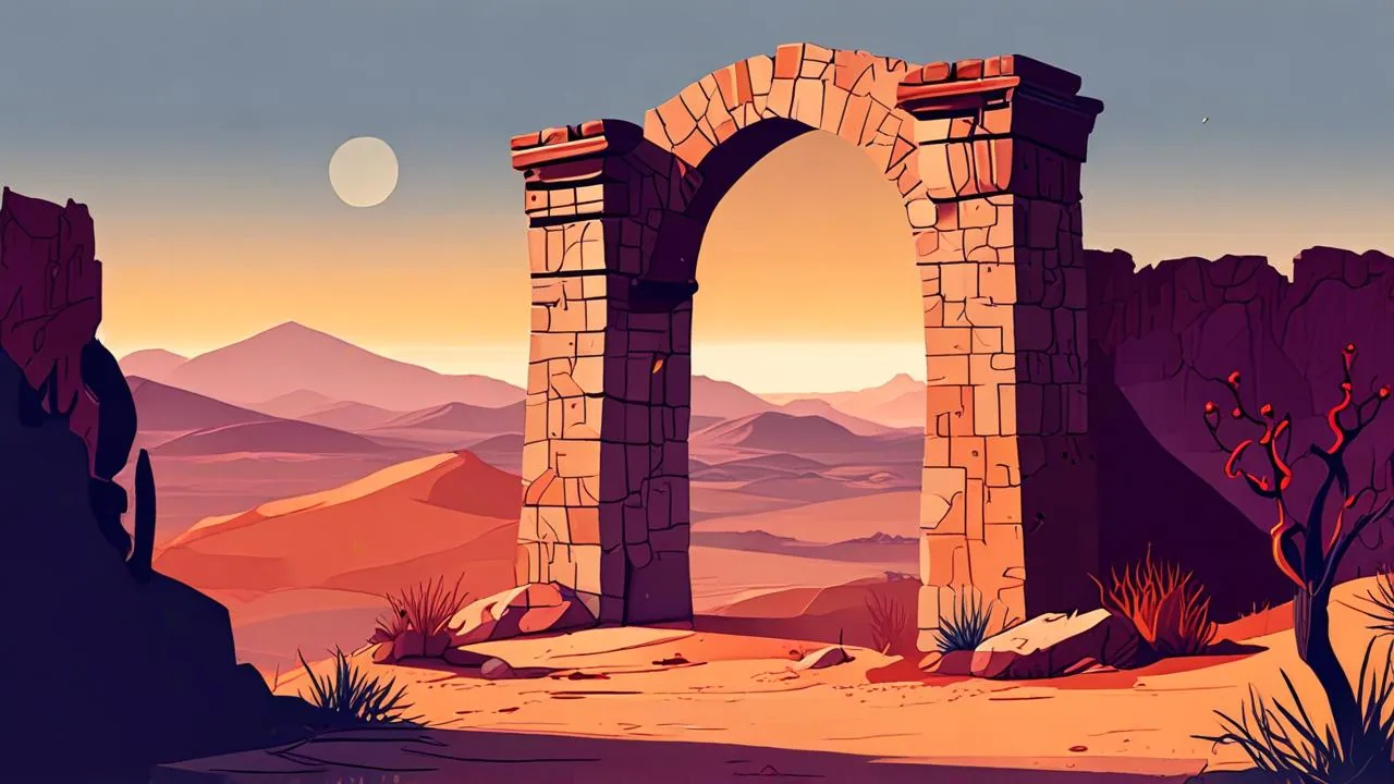 A weathered stone archway stands alone in a desert valley at dusk under a pale moon, with layered ridges and dry shrubs around it.