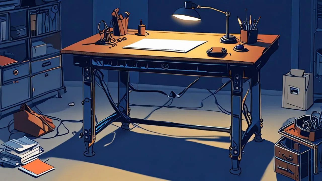 A wooden workbench lit by a single desk lamp, with a blank sheet of paper, pencils in a cup, loose screws and a small toolbox, all in deep blue shadow.