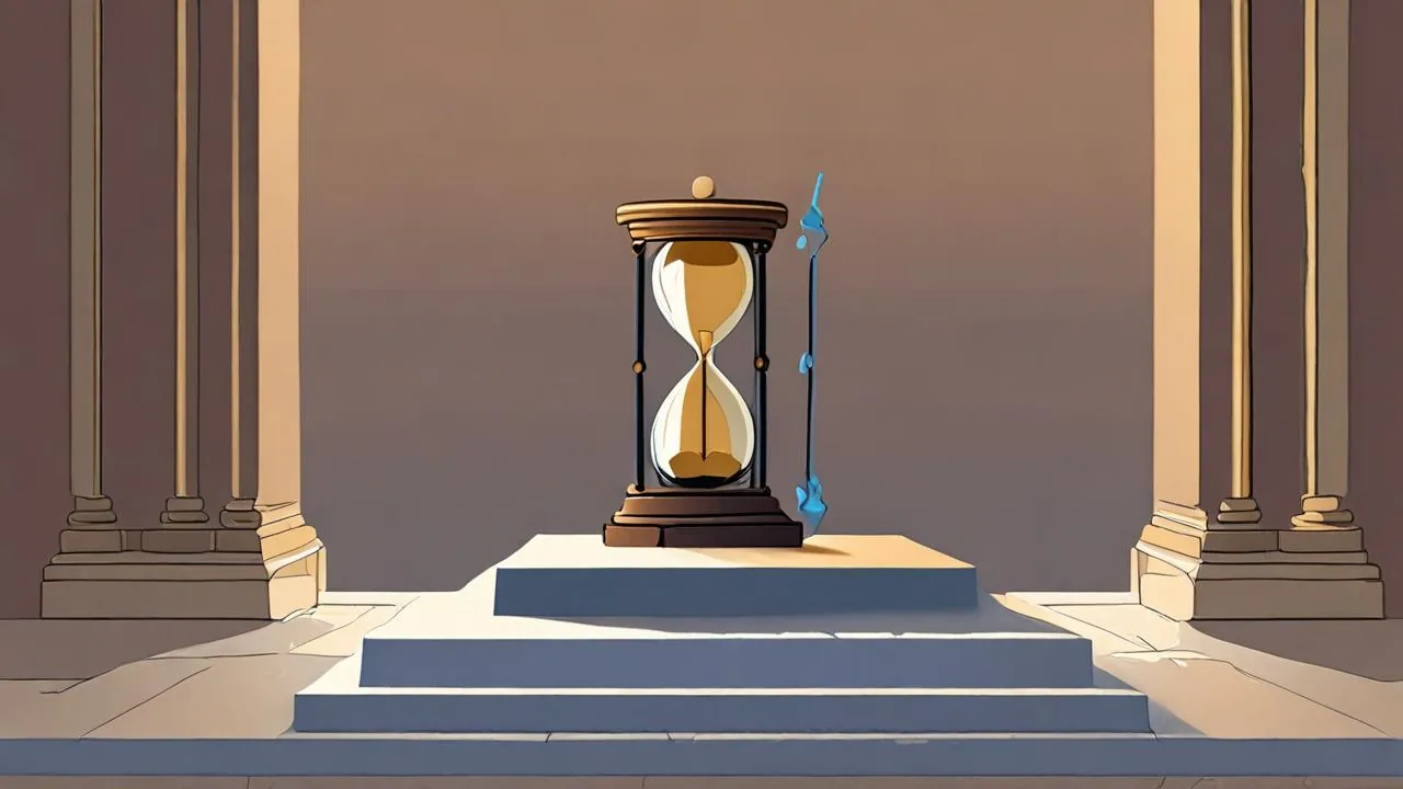 A wooden hourglass with sand gathered in both bulbs stands on a low stone plinth above three wide steps, framed by two tall stone columns, in warm beige stone with cool blue shadows and a slim blue ornament standing beside it.