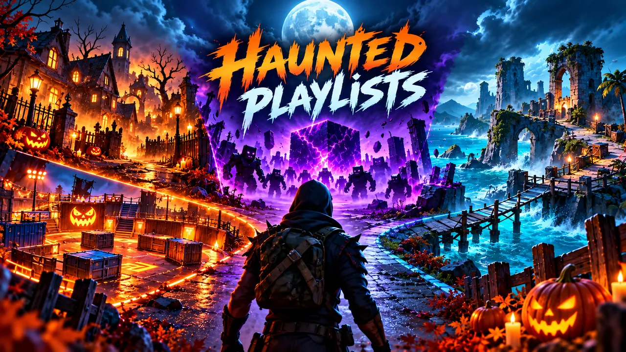 The headline Haunted playlists sits above four conceptual Halloween activity zones: haunted streets, a purple monster arena, coastal ruins and a compact illuminated arena, seen by an anonymous adventurer. No closing date is shown.