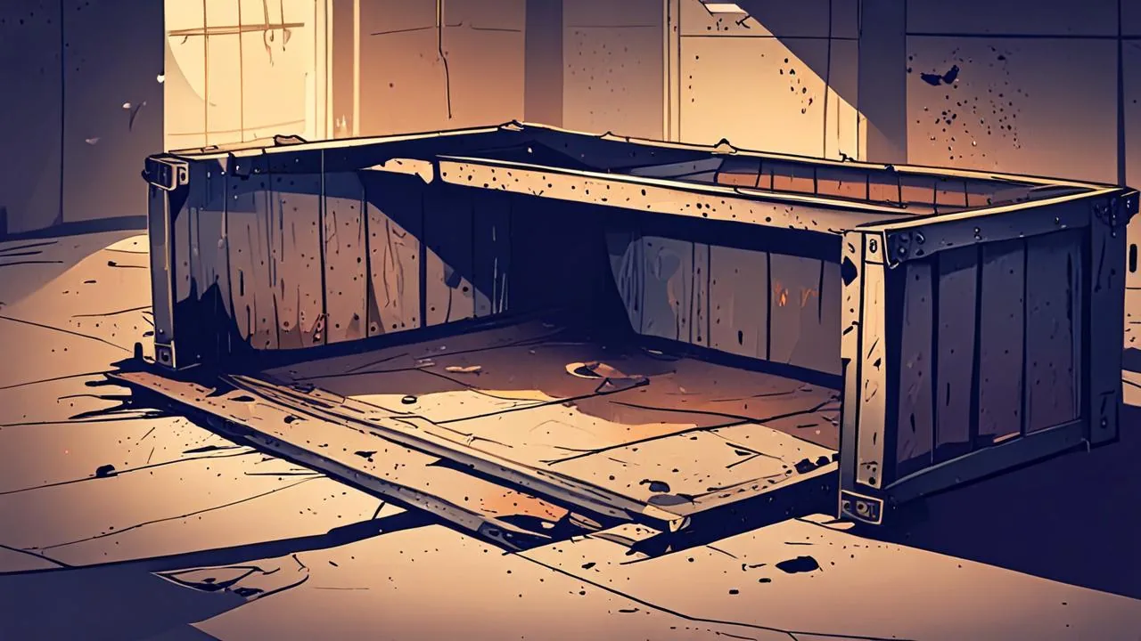 An empty battered metal crate stands open on a cracked concrete floor, lit by warm light from a high window, with dust in the air.