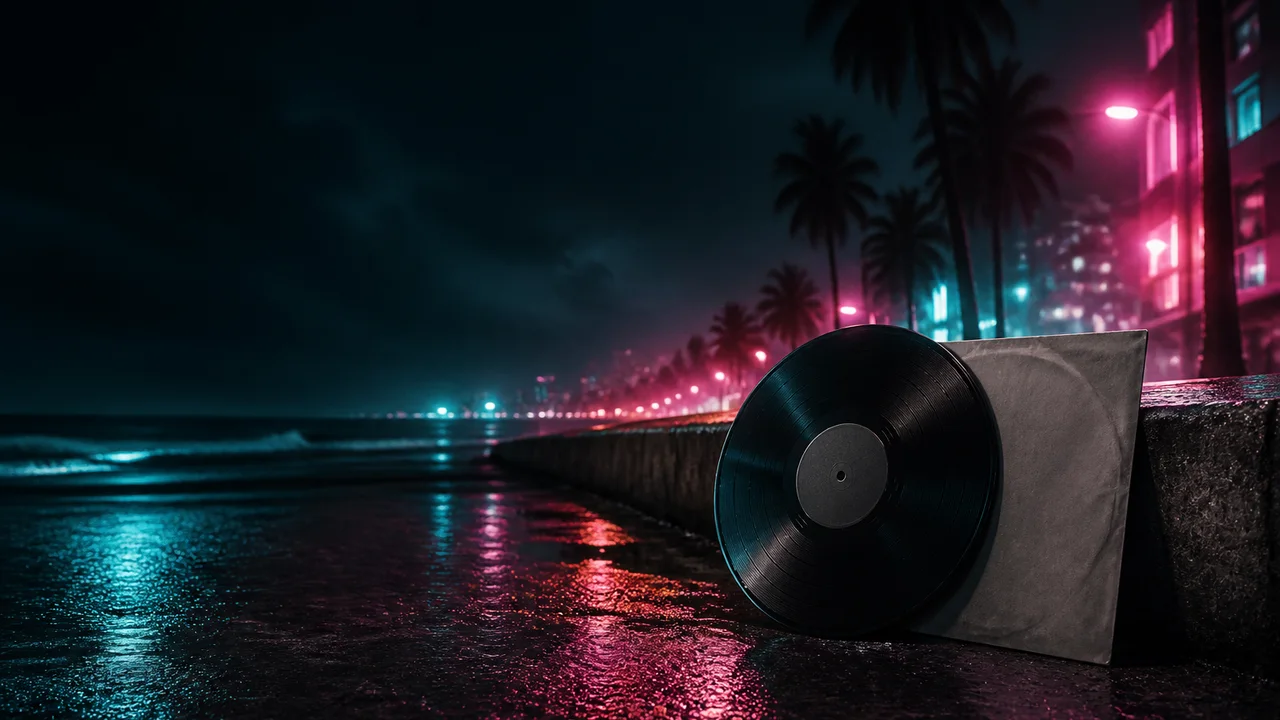 A single vinyl record in a plain sleeve leans against a low concrete kerb on a rain-slick night street, pink and teal neon reflections on the wet asphalt and palms in silhouette.