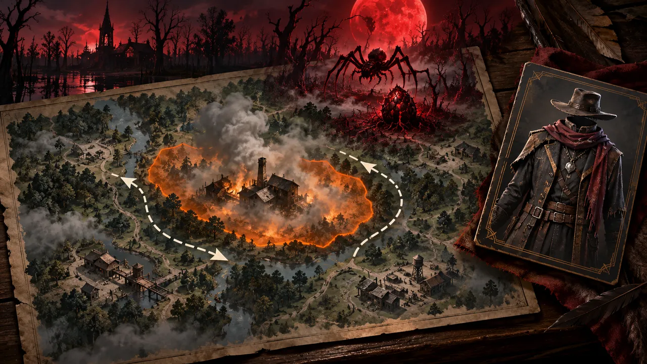 A branching hunt map shows a smoke-covered route, a red Bloodweaver marker under a Blood Moon, and a separate Hunter pack card.