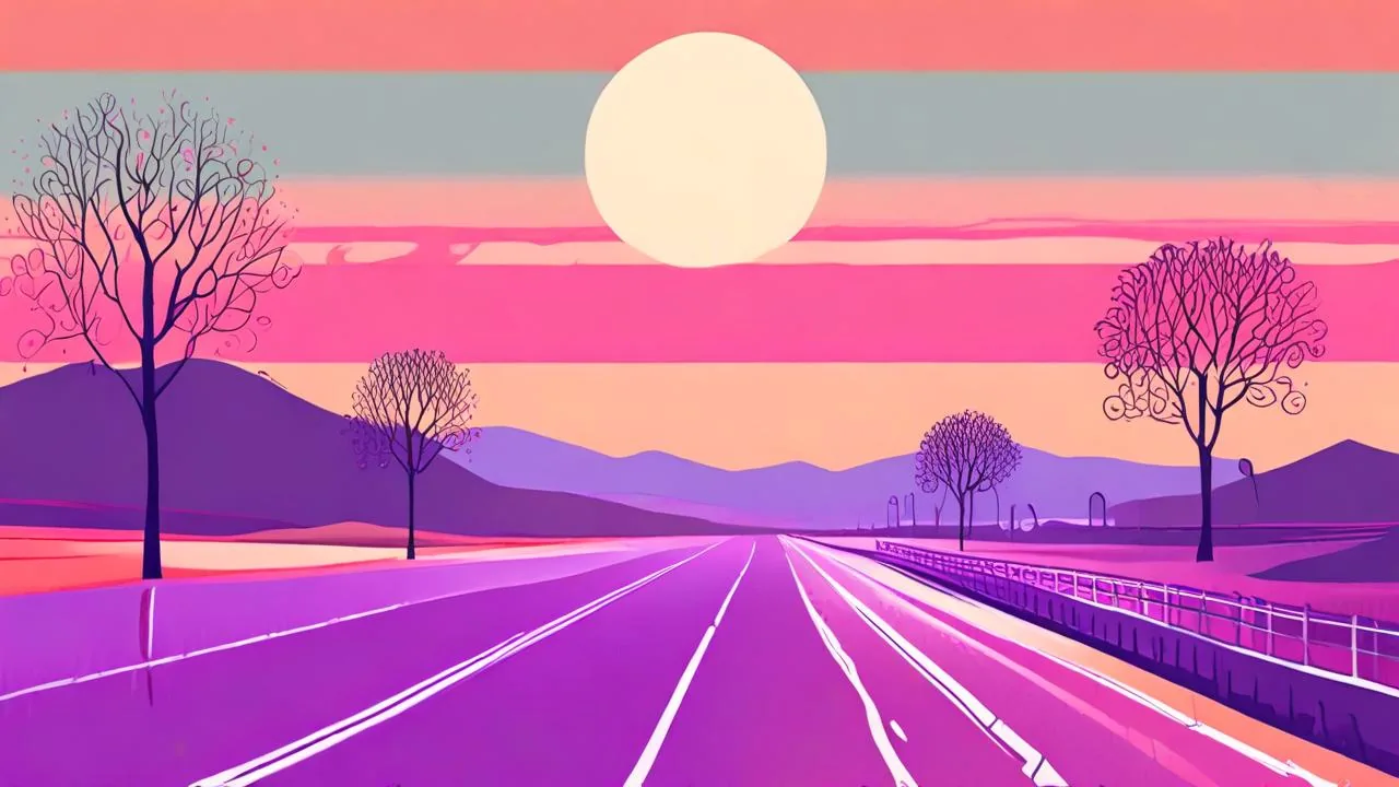 A wide empty track at dusk in flat graphic style, running to the horizon between stylised bare trees, with a white guardrail on the right and a pale disc behind bands of pink and orange cloud.