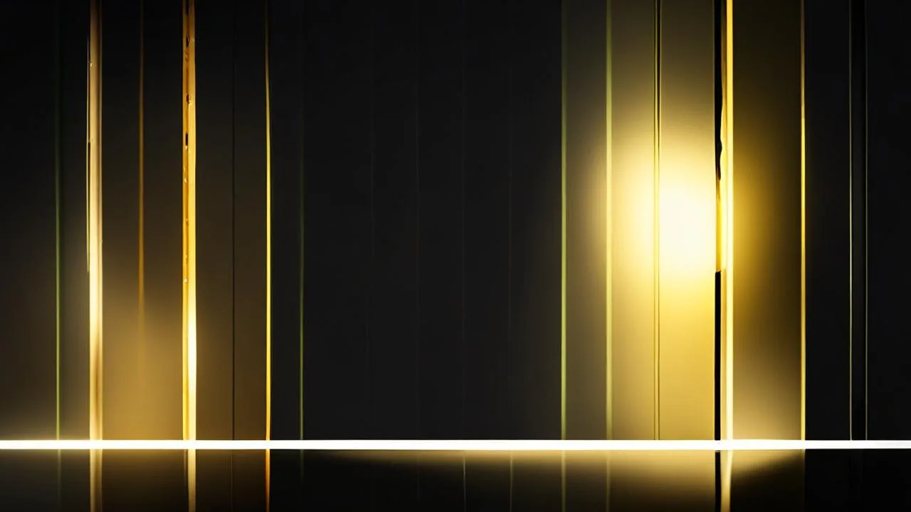 Several vertical bars of warm amber light of uneven height rising from a reflective surface, brightest at the right, against a dark green-black background, with no people or lettering.