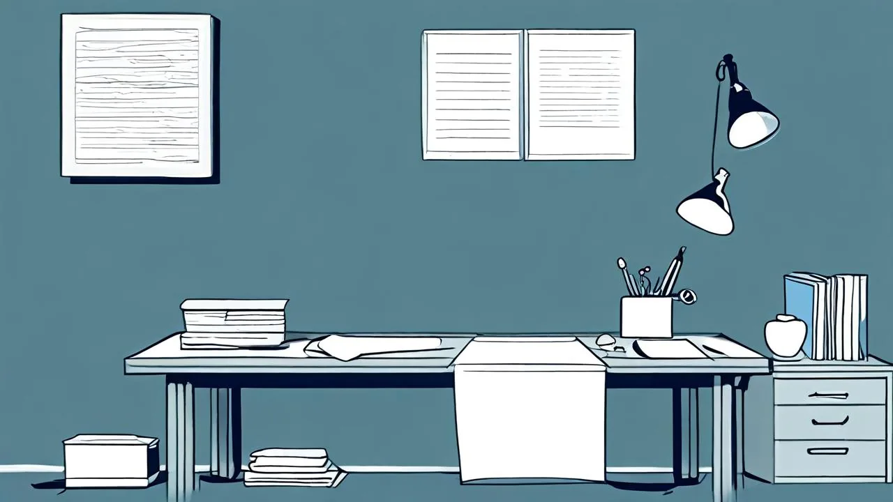 A tidy workbench at night with blank ruled sheets pinned on the wall and lying on the desk, a blue desk lamp, a pencil cup and a stack of books.