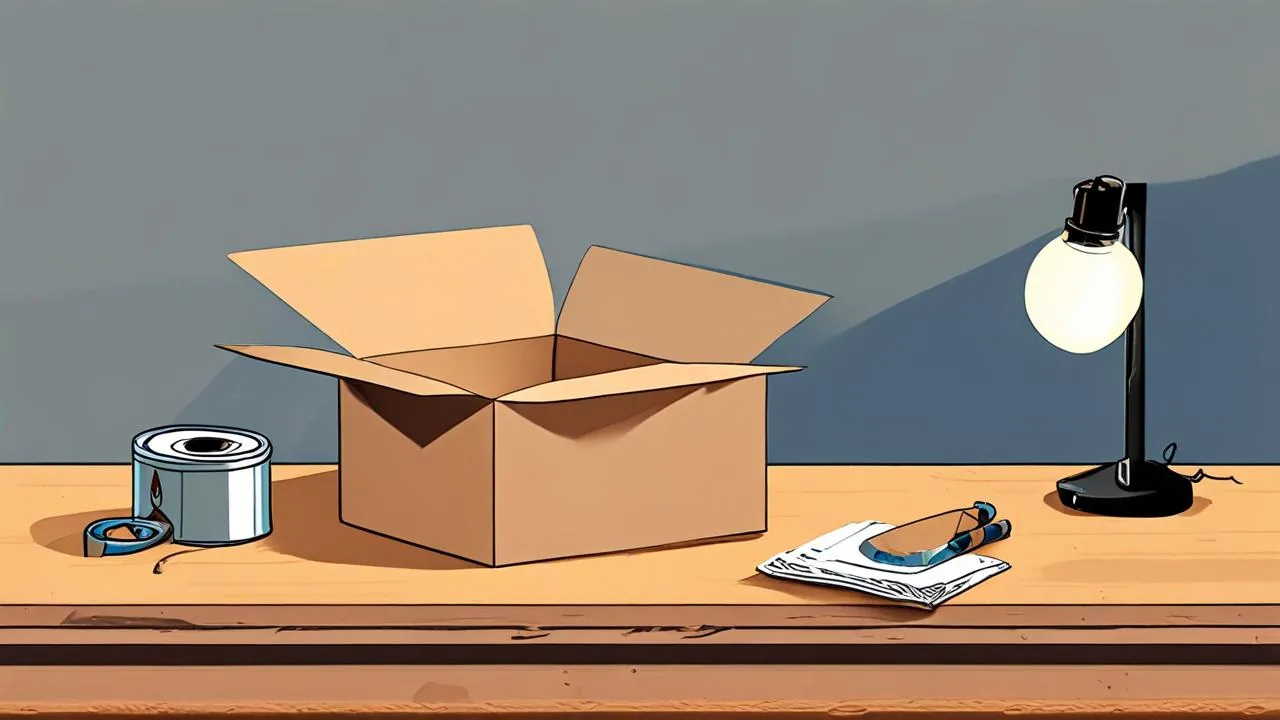 An open, empty cardboard box sits on a worn wooden table with a roll of packing tape at its left, a cutting tool on folded papers at its right and a black desk lamp glowing at the far right, against a plain grey-blue wall.