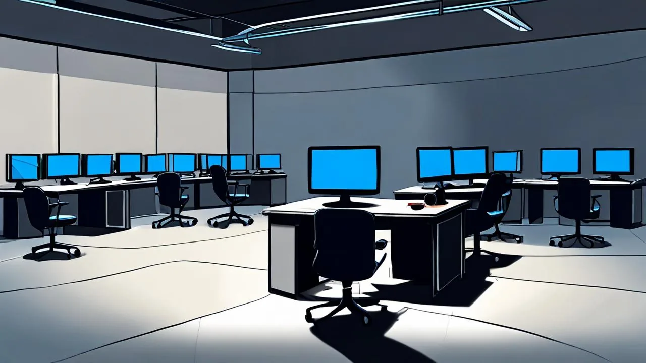 An empty television studio after hours, with rows of blank blue monitors, dark desks and empty swivel chairs under cold overhead light.