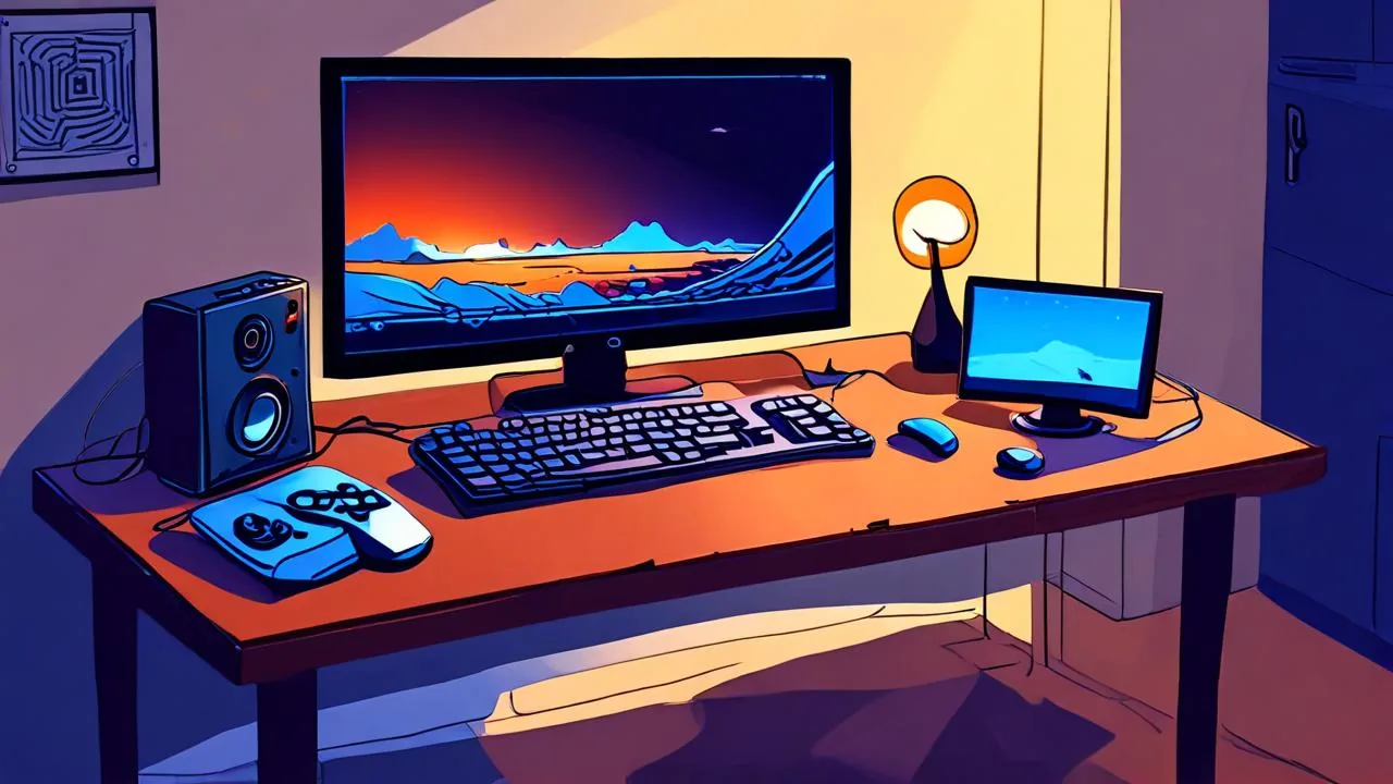 A wooden desk at night holding a large monitor that shows an abstract orange and blue landscape, with a keyboard, a game controller, a speaker, a small second screen and a mouse arranged across the surface under warm lamplight.