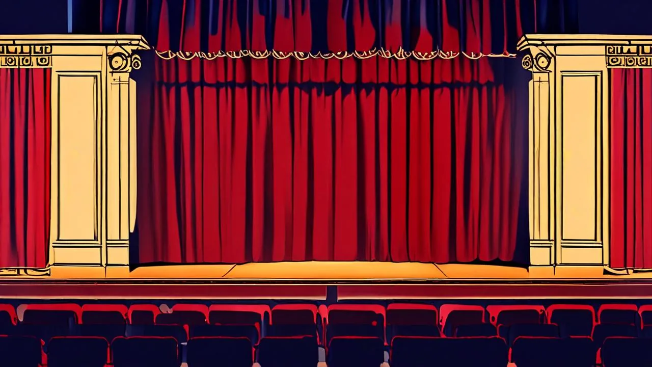 A theatre stage with closed deep-red curtains behind a warm-lit proscenium, and rows of empty dark seats in the foreground.