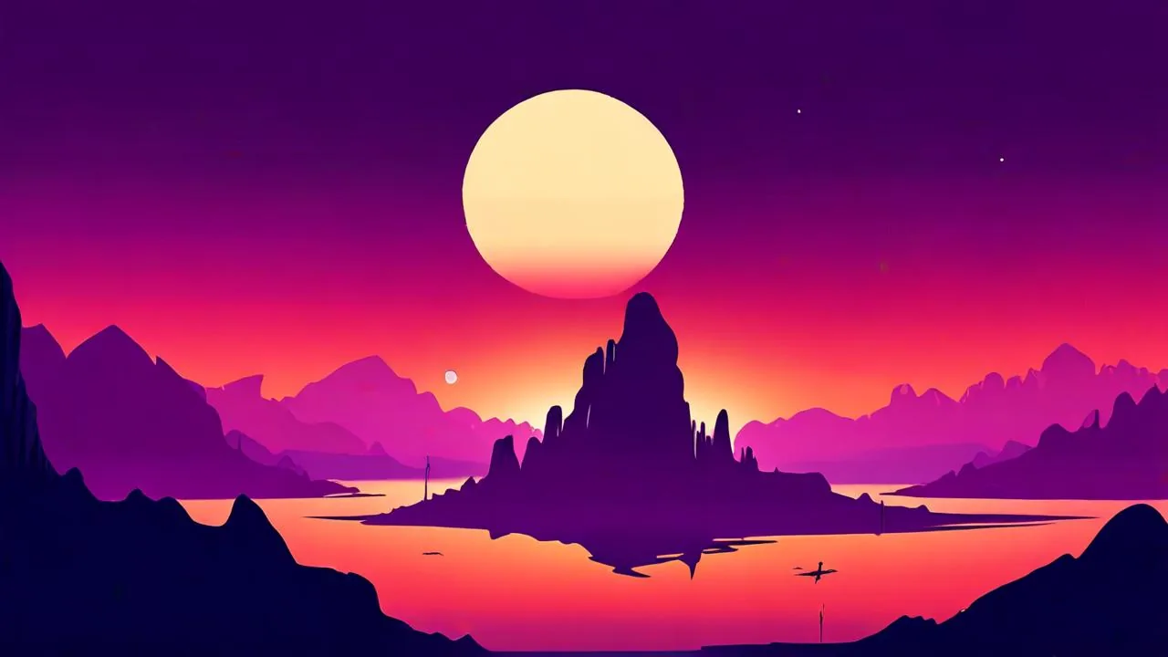 A large pale planet hangs in a magenta and violet sky above a calm lake ringed by dark rock spires and layered ridges.