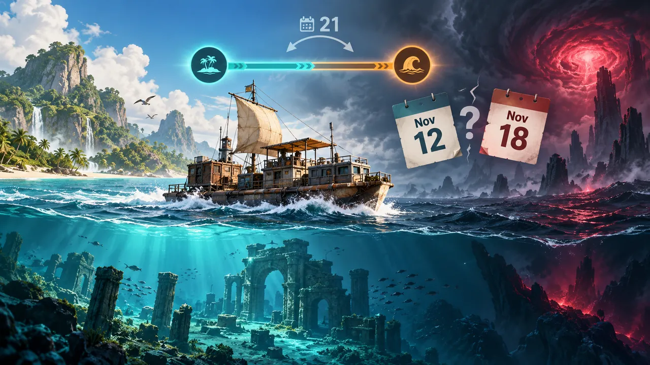 A survival ship sails between islands above underwater ruins; a 21-day two-phase marker sits over two conflicting calendar cards, November 12 and November 18, separated by a question mark.