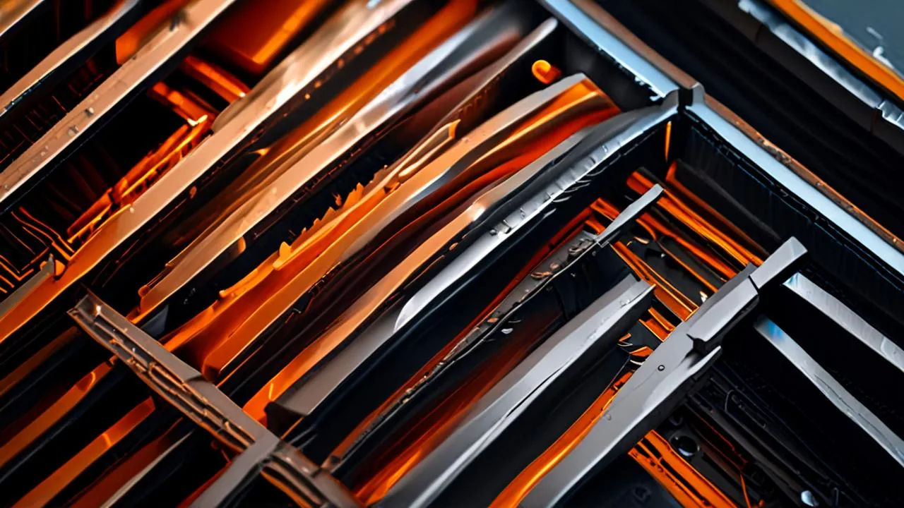 A close view across the angled metal fins of a graphics card heatsink, with warm amber light glowing between the fins and a cool highlight along the top right edge.
