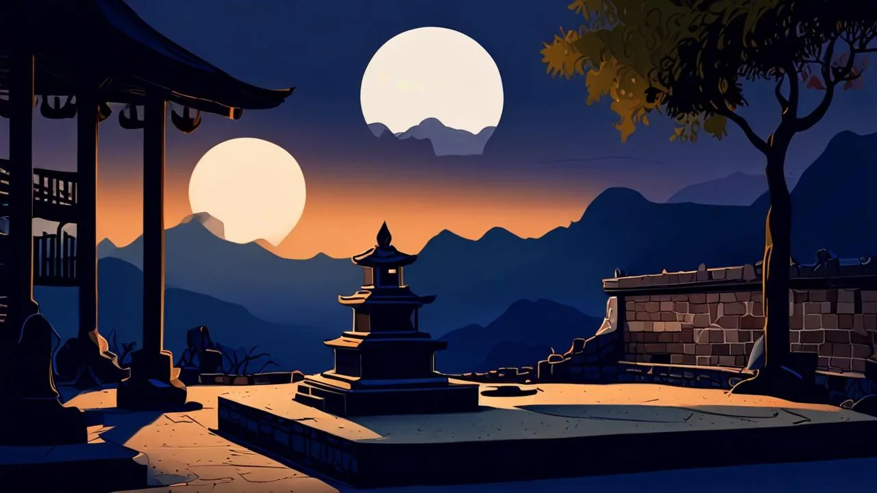 A stone shrine stands on a raised platform in a mountain courtyard at dusk under two pale moons, with a wooden pavilion on the left and a stone wall on the right.