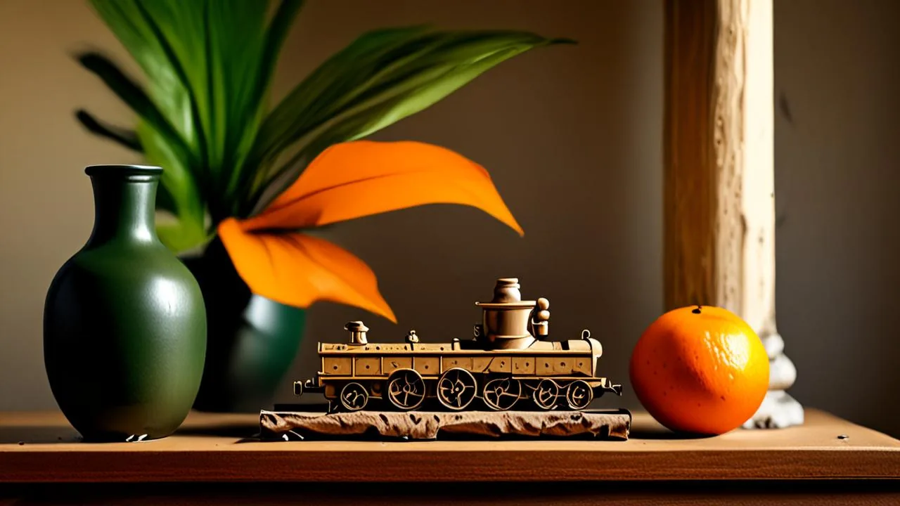 A warm autumn still life on a wooden shelf: a dark green vase with a broad-leaf plant, a small vintage steam locomotive on a stone base, a ripe orange and a fallen leaf.