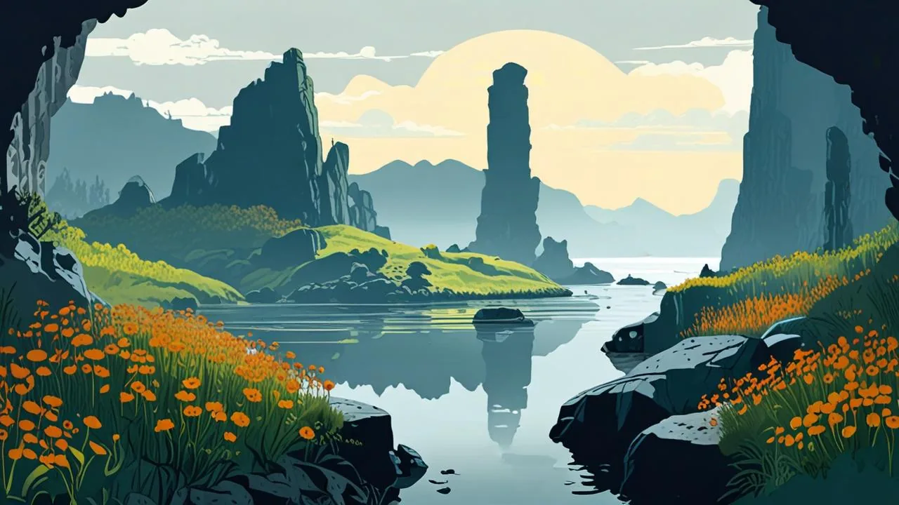 A quiet inlet seen from a cave mouth, with mossy green headlands, tall rock stacks, orange wildflowers in the foreground and a pale sun low over still water.