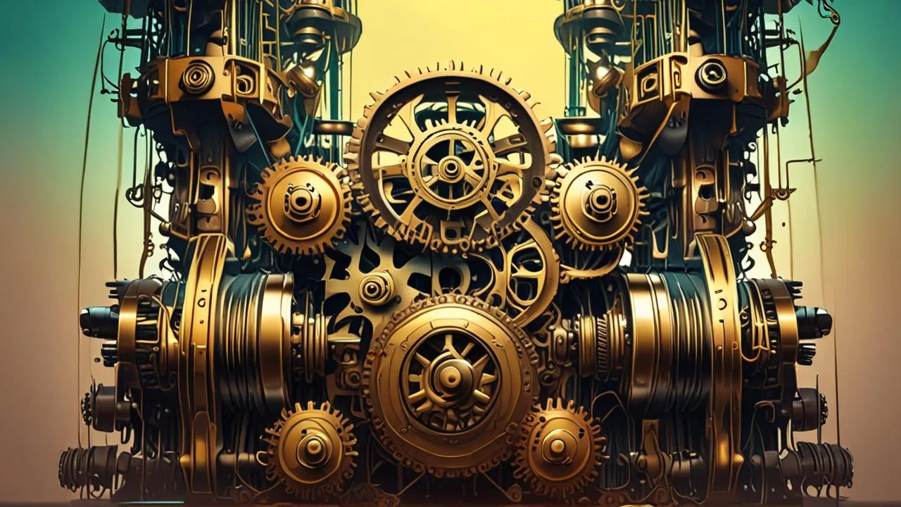 A dense wall of interlocking brass gears, drive wheels and pipes glowing against a pale amber background, with no people or lettering.