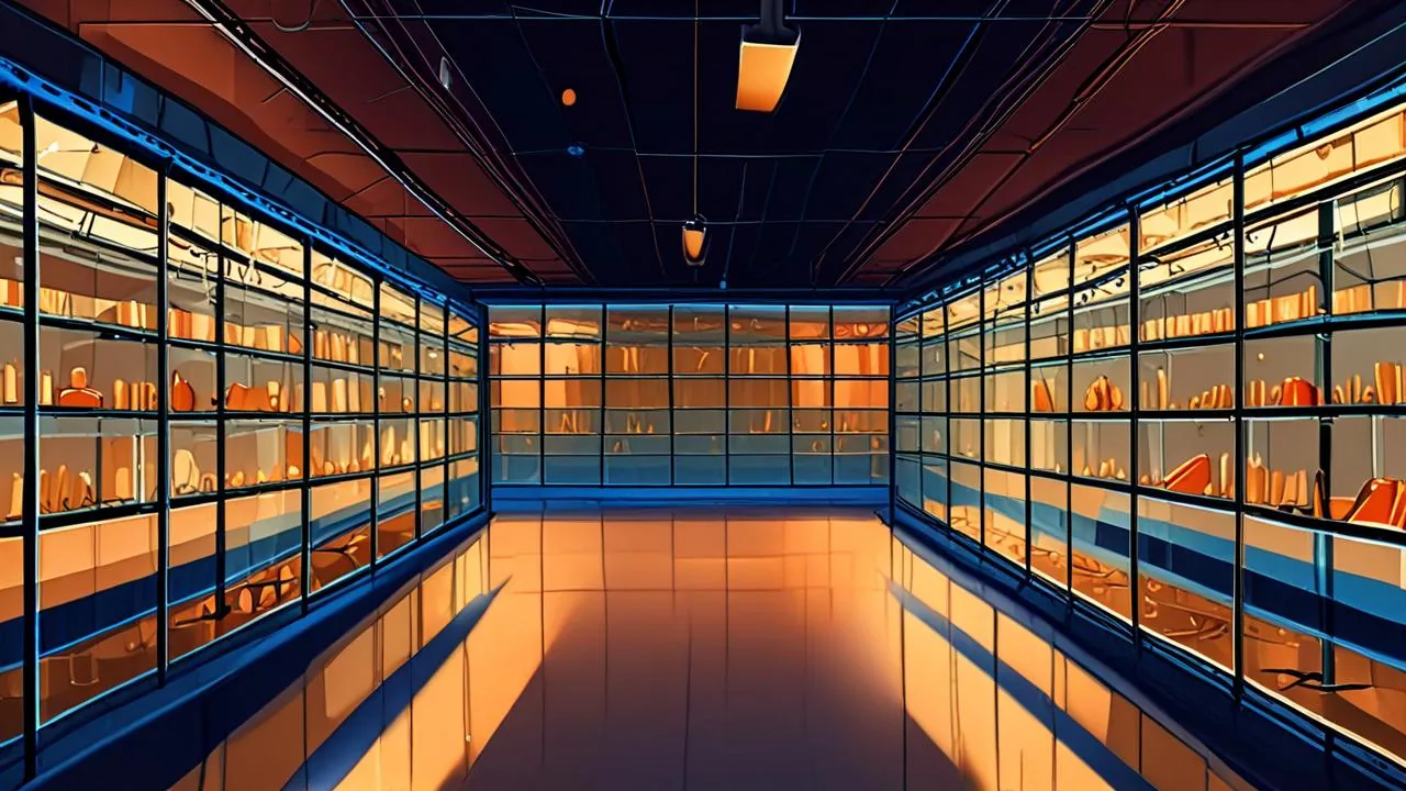 A long aisle runs between tall glass display cases packed with small objects, lit warm amber against cool blue floors and ceiling, receding toward a bright far wall.