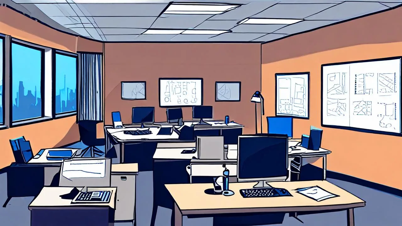 An empty studio office at night: rows of desks with dark monitors and empty chairs, whiteboards covered in unlabelled line diagrams along the walls, and a blue-lit city skyline through tall windows.