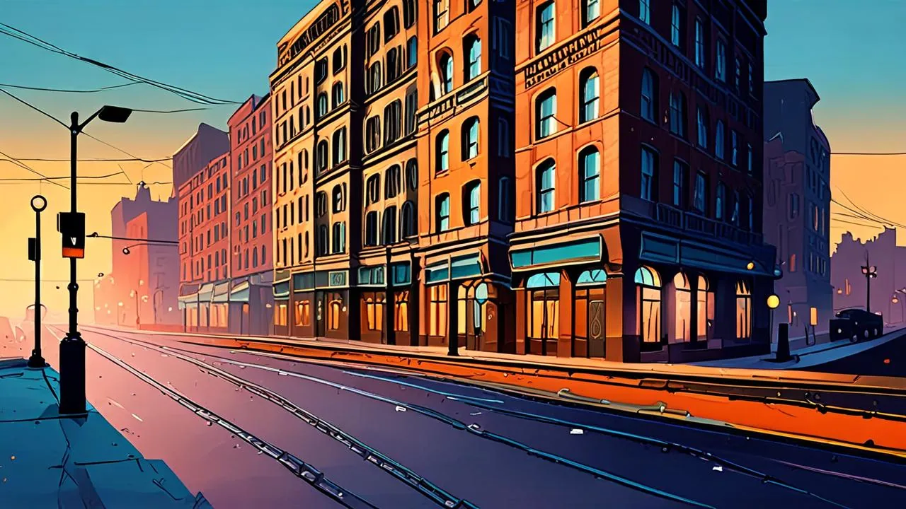 An empty city street at dusk with two bright tram rails curving away between tall brick facades, lit shopfront windows glowing warm under a pale teal sky, and no figures in view.
