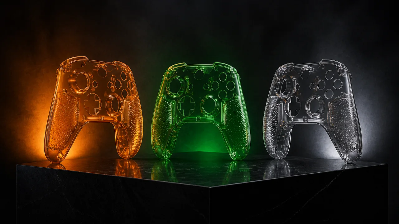 Three translucent handheld controller shells stand on a dark plinth, one tinted orange, one green and one grey, each lit from behind with soft reflections on a polished black surface.