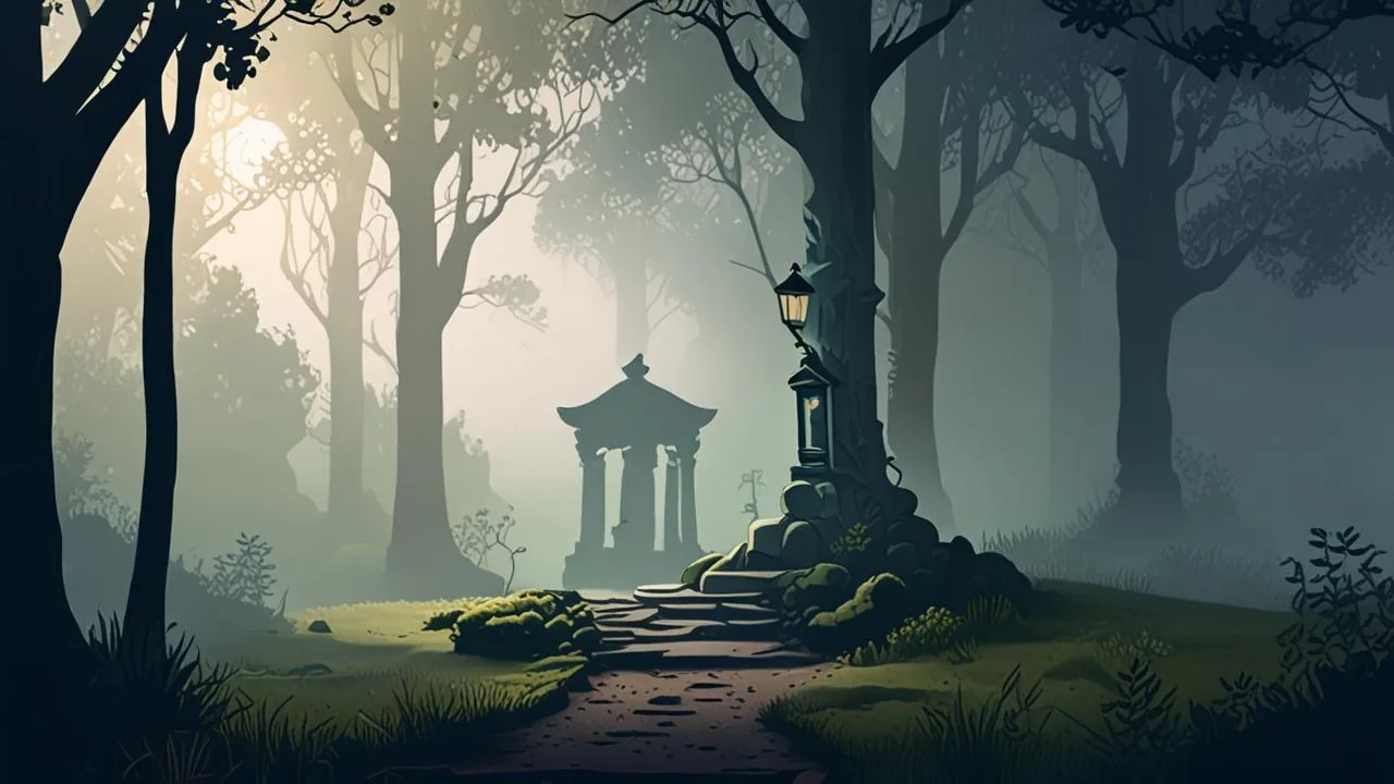 A mossy stone shrine stands in a misty forest clearing, with a single hanging lantern and a narrow path leading away between tall trees.