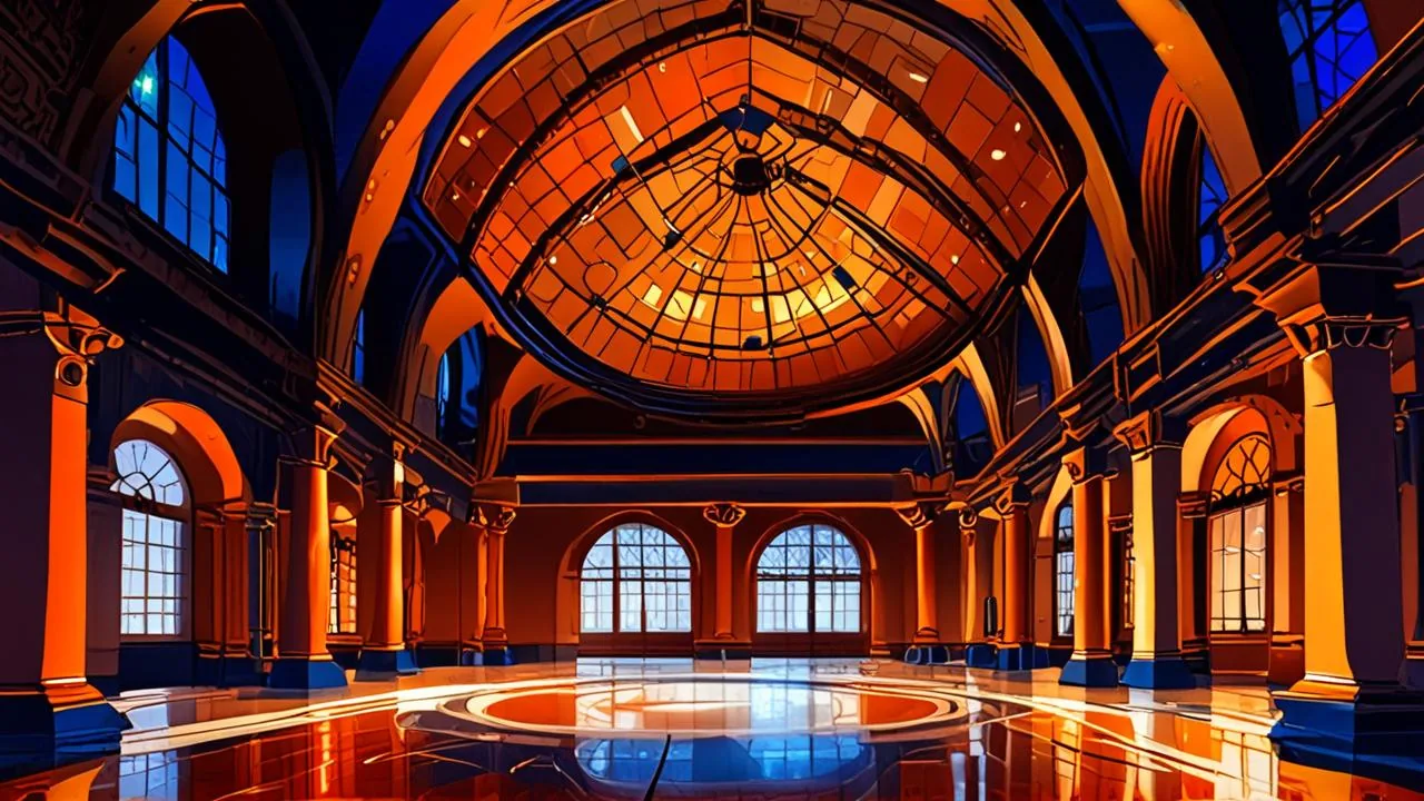 A grand circular hall at night with a domed ceiling opening onto a blue sky, tall arched windows glowing warm orange behind a colonnade, and a wide amber ring inlaid in the dark floor.