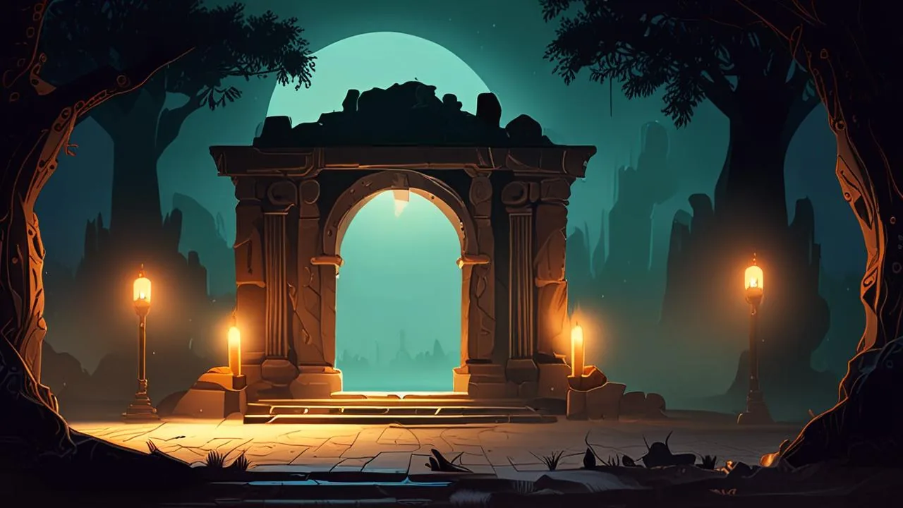 A stone archway opens onto an empty arena at night, lit by warm lanterns and pale moonlight, with no one in sight.