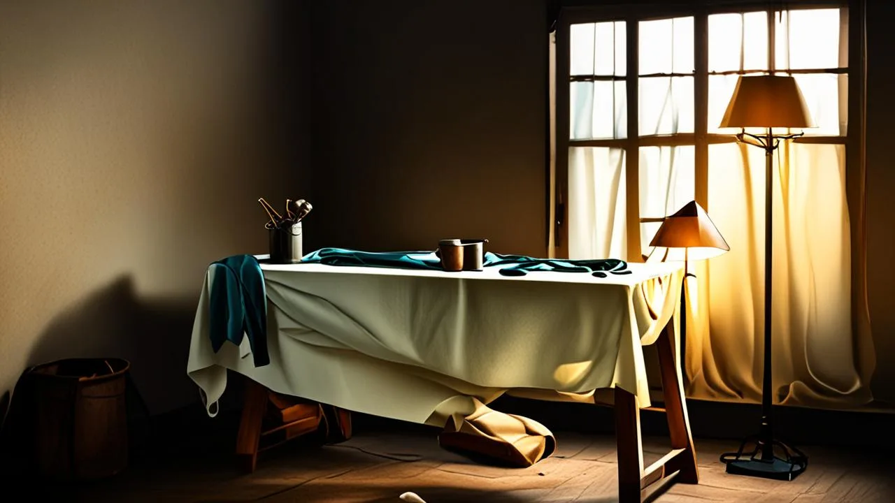 A workbench covered with a pale cloth in a dim workshop, hand tools standing in a tin and a small lamp beside it, warm light coming through a curtained window behind, with no people or lettering.