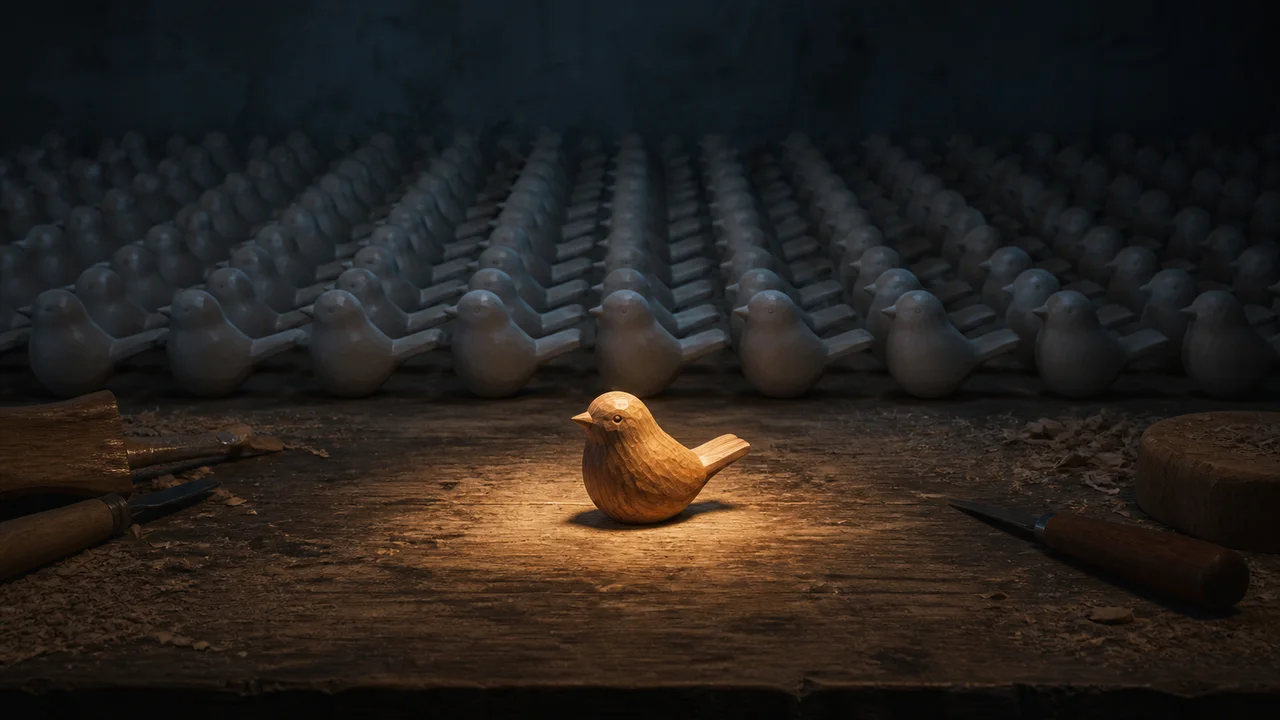 One hand-carved wooden bird sits in warm light on a dim workshop bench while dozens of identical machine-pressed copies slide off the bench into cool shadow.