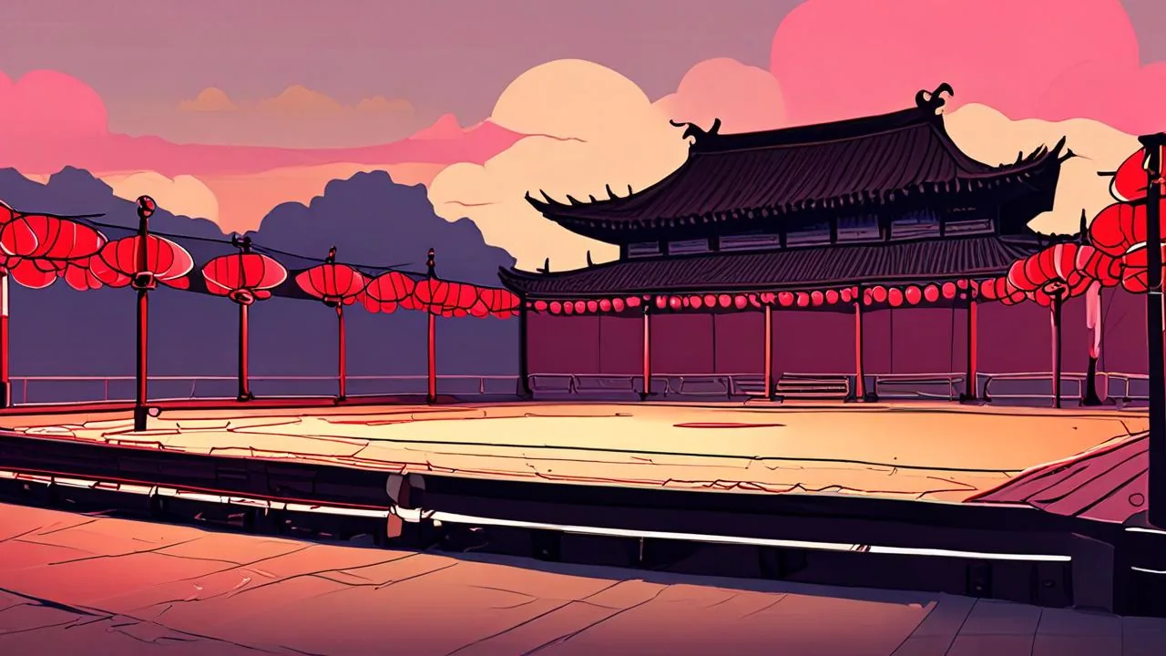 An empty pale stone arena floor at dusk, a row of red lanterns on poles to the left and a timber temple hall with tiered roofs to the right under a pink and amber sky.
