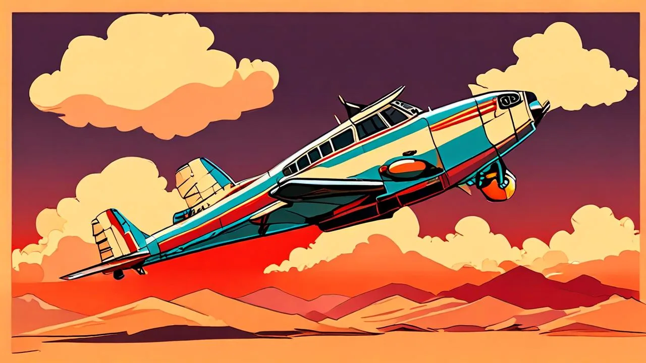A stylised vintage propeller plane banks steeply above layered red desert ridges, its bare fuselage unmarked, with cream clouds stacked in a deep orange and teal sky.