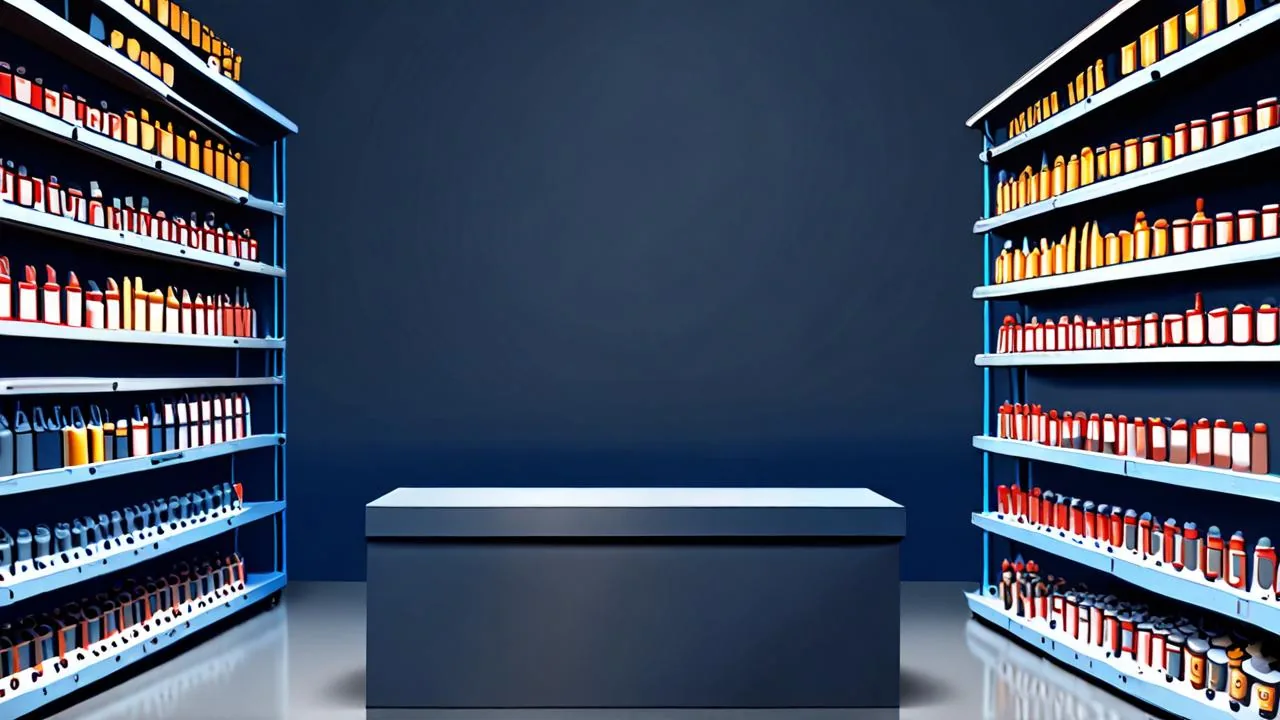 A single plain unmarked grey box stands on a counter in a dim blue retail aisle, with shelves of blank packaged goods on both sides.