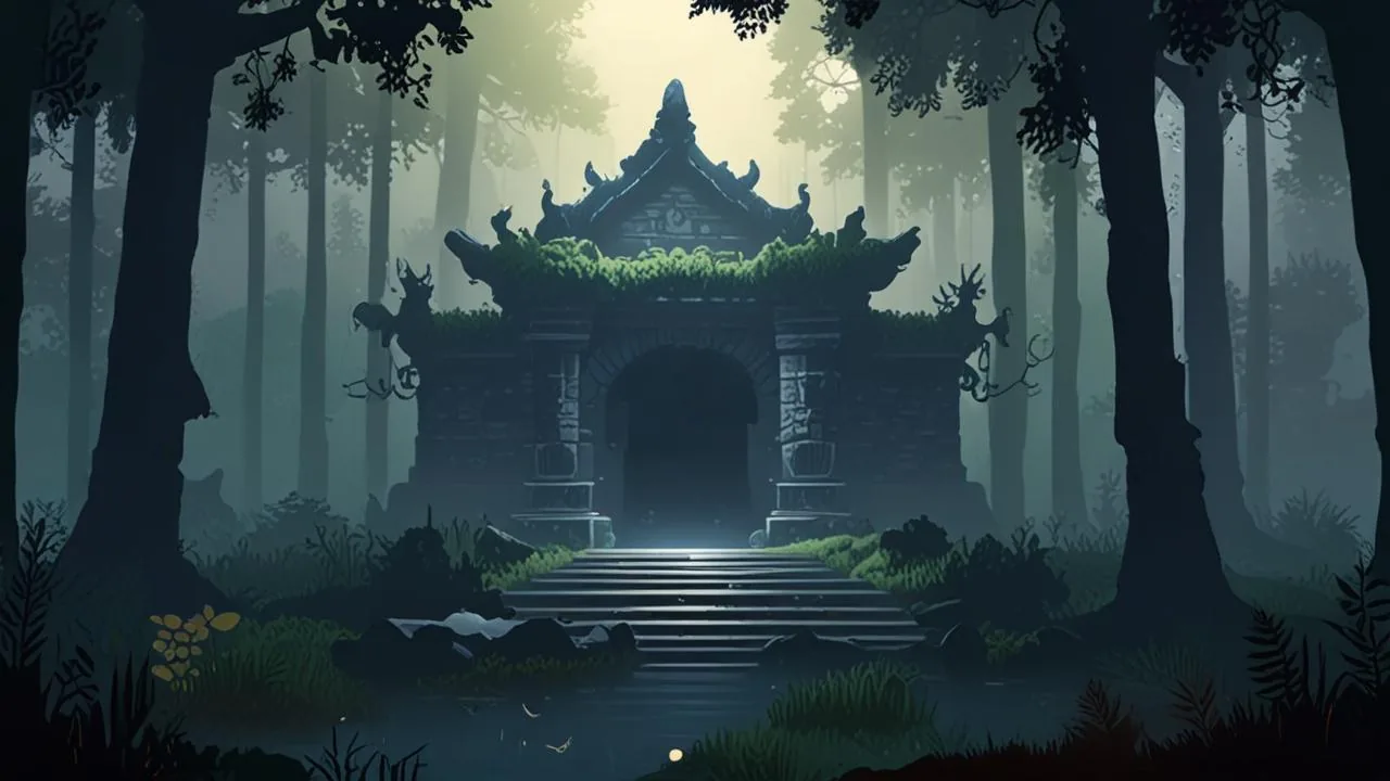 A moss-covered stone gatehouse with a dark arched doorway stands at the top of broad steps in a misty forest at dawn, framed by dark tree trunks and low ferns, with pale light behind the trees.