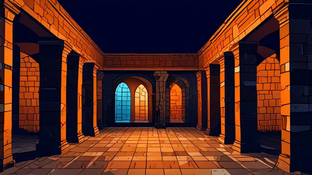 A long stone hall at night with a row of tall pointed arches at the far end, pale blue and warm amber light glowing through them, orange brick walls and a shadowed tiled floor.